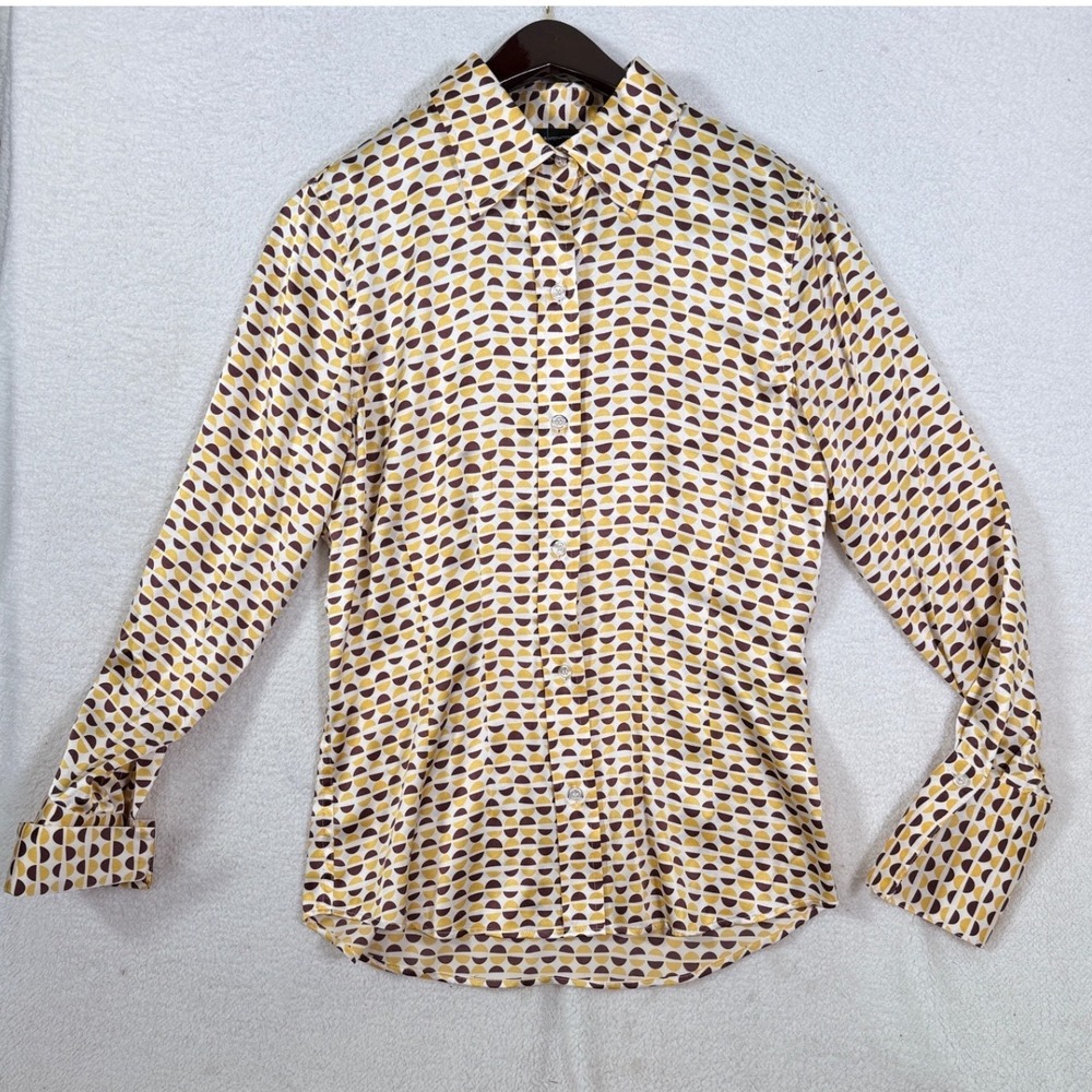 Vintage Y2K Moda International Silk Blend Shirt Small Yellow Geometric Mod 70s